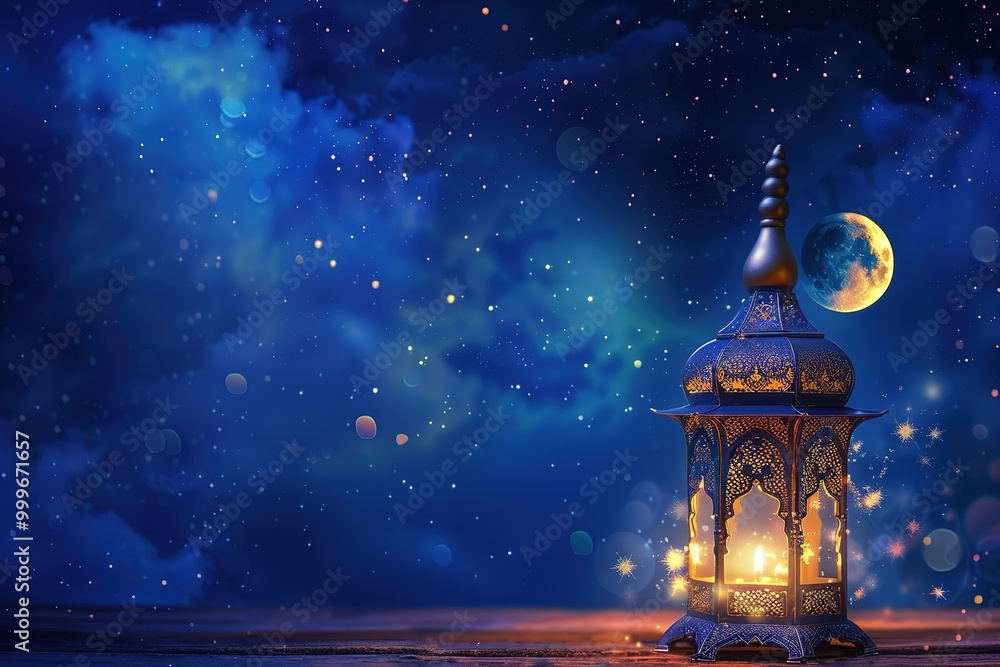 Holy month of Ramadan concept. Burning, lighting, glowing Ramadan Lantern on white table on the background of a dark blue textured wall. Greetings card. Place for text on the left.