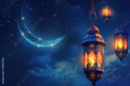 Holy month of Ramadan concept. Burning, lighting, glowing Ramadan Lantern on white table on the background of a dark blue textured wall. Greetings card. Place for text on the left.