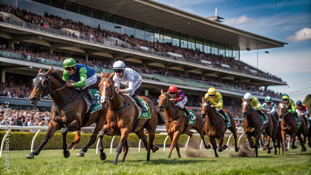 Spring Racing Carnival, horses galloping on the lush green track, background of spectator stands full of cheering people, Spring Racing Carnival, horses galloping on the lush green track, background of spectator stands full of cheering people,
