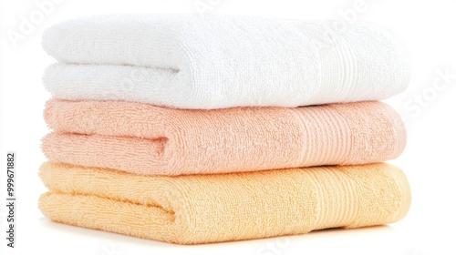 A stack of folded towels, isolated on a white background.