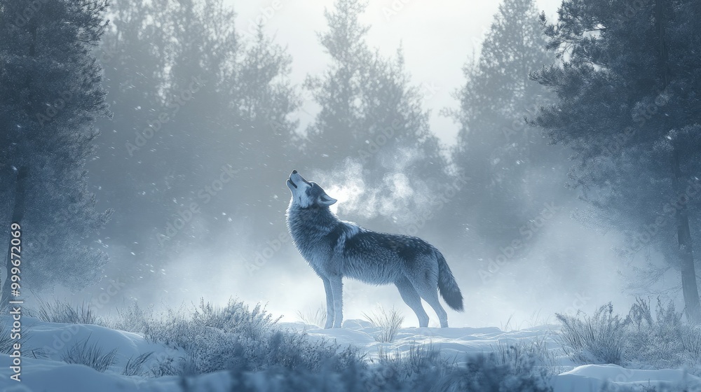 Obraz premium A lone wolf howling in the snowy wilderness, its breath visible in the cold air, surrounded by tall pine trees.