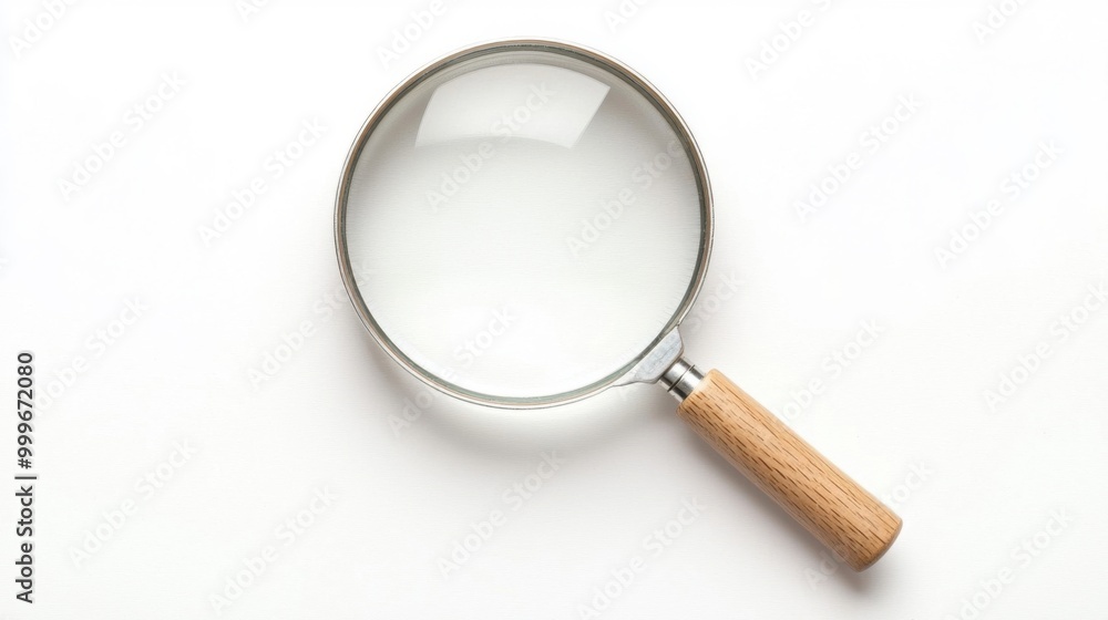A detailed image of a magnifying glass with a wooden handle, isolated on a white background. A detailed image of a magnifying glass with a wooden handle, isolated on a white background.