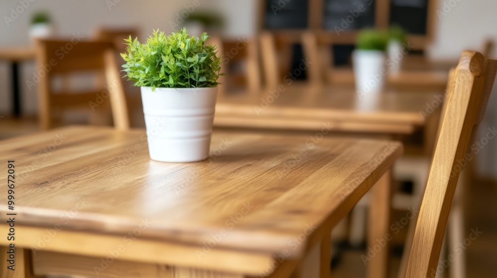 Closeup of a wooden table with a potted plant in a cafe. Closeup of a wooden table with a potted plant in a cafe.