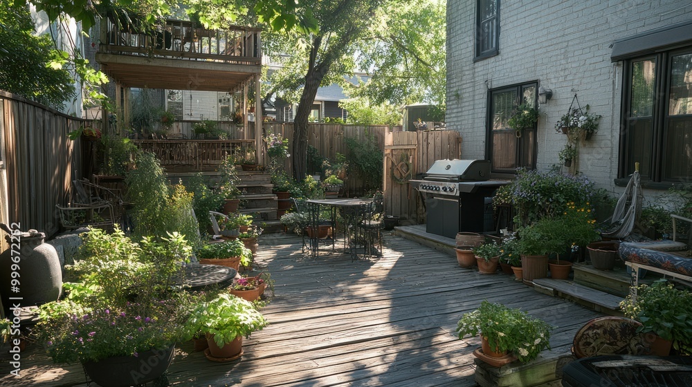 A serene backyard with greenery, seating, and a grill, perfect for relaxation and gatherings. A serene backyard with greenery, seating, and a grill, perfect for relaxation and gatherings.