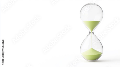 A realistic hourglass with sand halfway through, isolated on a white background.