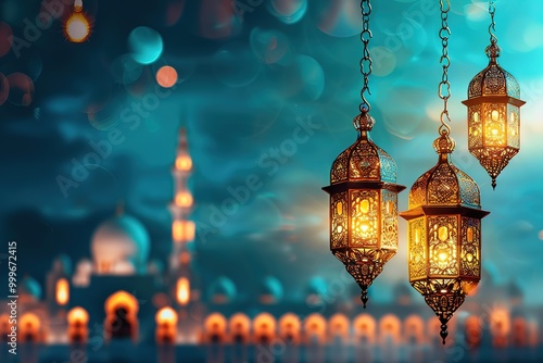 Holy month of Ramadan concept. Burning, lighting, glowing Ramadan Lantern on white table on the background of a dark blue textured wall. Greetings card. Place for text on the left.