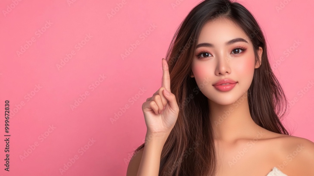 Asian woman presents, pointing finger up with copy space pink background, portrait beauty, confidence, and elegance of a young and attractive Asian model Asian woman presents, pointing finger up with copy space pink background, portrait beauty, confidence, and elegance of a young and attractive Asian model