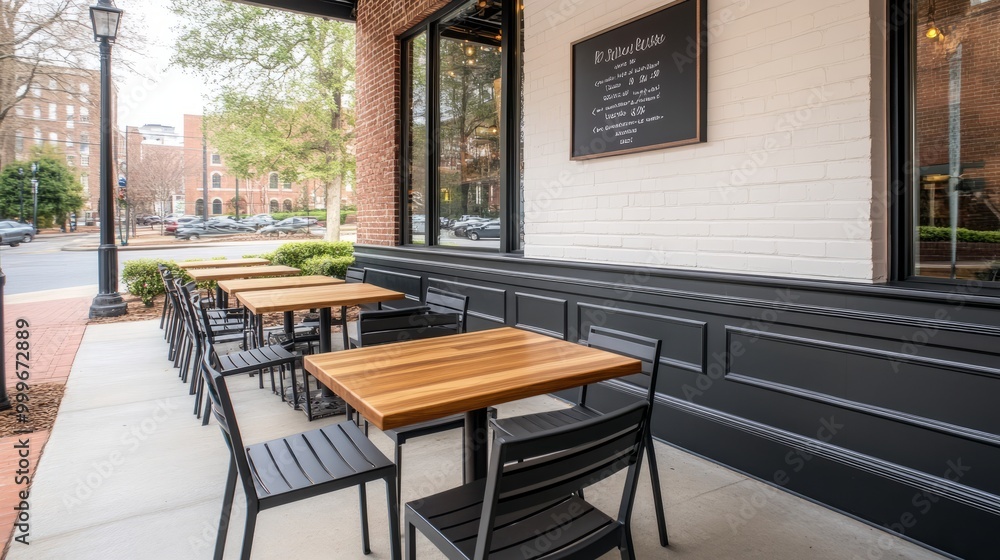 Empty patio tables and chairs outside of a restaurant. Empty patio tables and chairs outside of a restaurant.