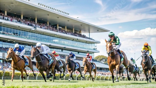 Galloping Horses at Spring Racing Event, Vibrant Green Track, Spectator Stands Filled with Excited Crowd, Dynamic Outdoor Atmosphere.