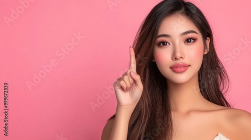 Wallpaper Mural Asian woman presents, pointing finger up with copy space pink background, portrait beauty, confidence, and elegance of a young and attractive Asian model Torontodigital.ca