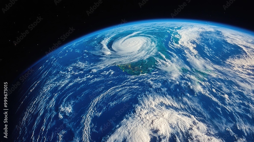 Obraz premium A satellite's-eye view of Earth, highlighting the swirling weather patterns and the vibrant blue of the oceans, with the curvature of the planet in clear view.