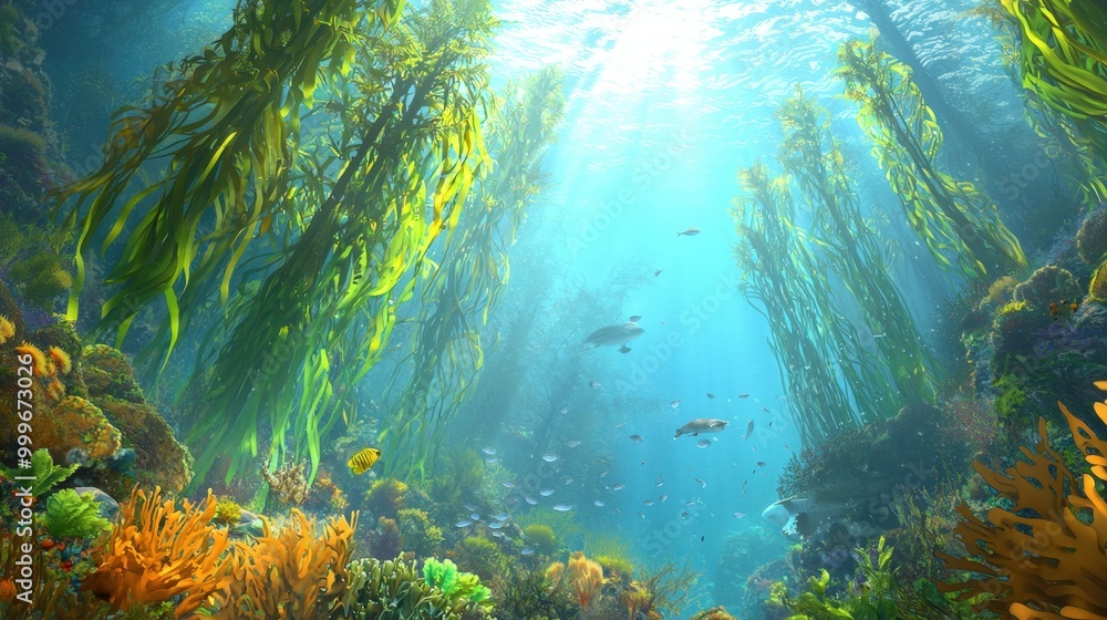 Fototapeta premium Exploring the vibrant underwater kelp forest teeming with marine life