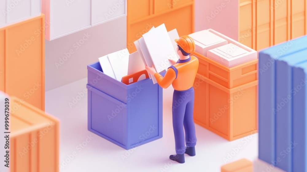 A worker examines documents in a blue bin amidst organized storage boxes. A worker examines documents in a blue bin amidst organized storage boxes.