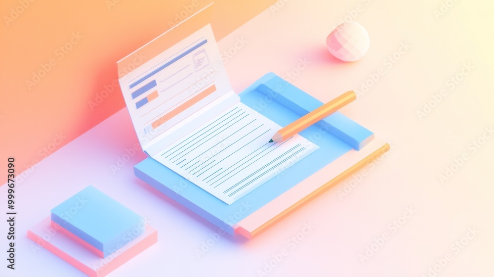 A stylized workspace with a document, pen, and geometric shapes. A stylized workspace with a document, pen, and geometric shapes.
