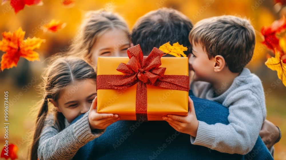 Happiness family are giving gift box in new year event. Happiness family are giving gift box in new year event.
