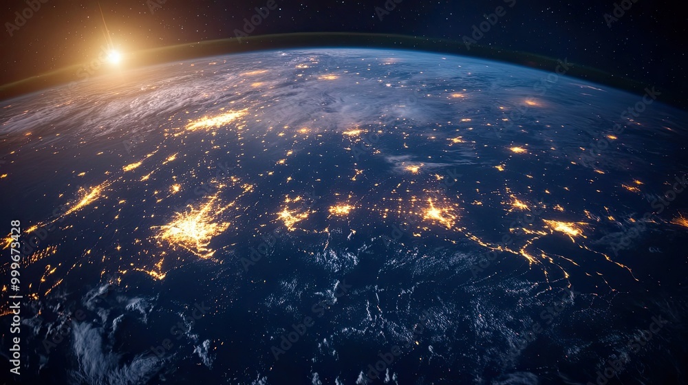 Obraz premium A stunning image of Earth at night, with city lights glowing brightly across the continents, showcasing the beauty of human civilization from space.
