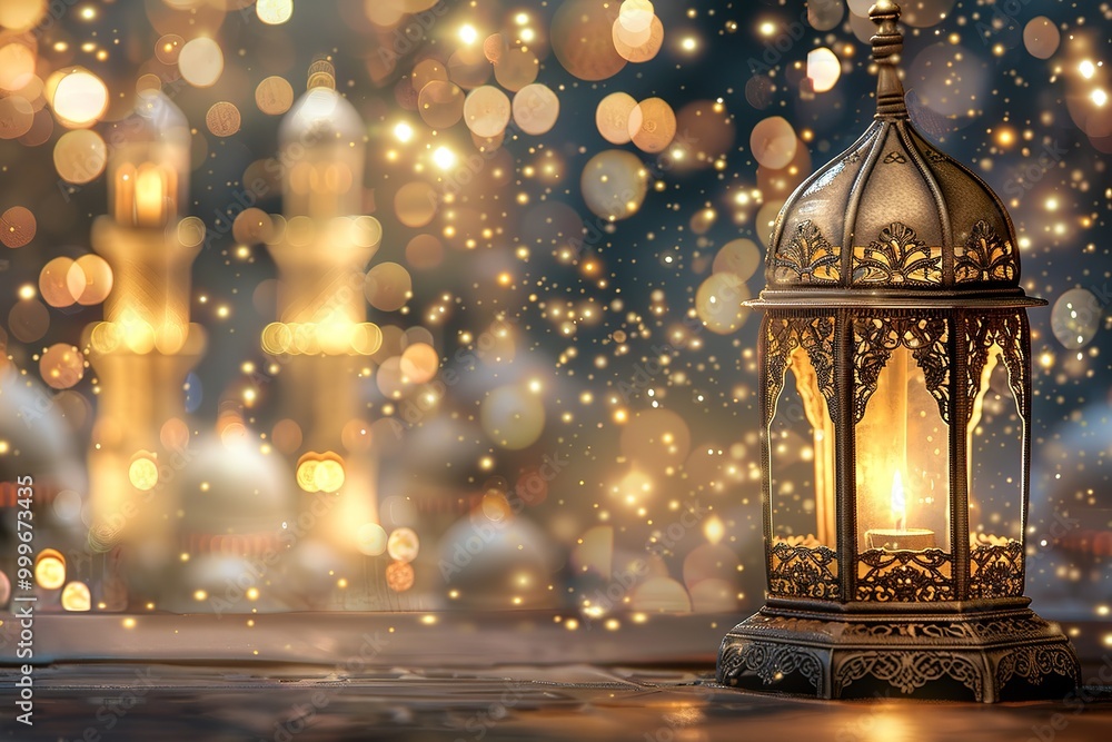 Obraz premium Holy month of Ramadan concept. Burning, lighting, glowing Ramadan Lantern on white table on the background of a dark blue textured wall. Greetings card. Place for text on the left.