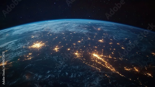 A stunning image of Earth at night, with city lights glowing brightly across the continents, showcasing the beauty of human civilization from space.