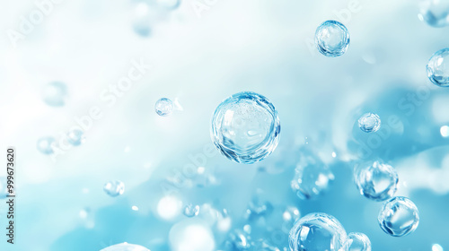 Blue water bubbles and splashes on clean background, aesthetic mockup. Generative AI