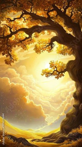 Golden autumn rays illuminate a sprawling tree under a dreamy sky at sunset