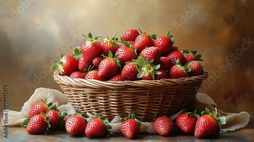 Fresh Strawberries In A Basket On Wooden Table photo