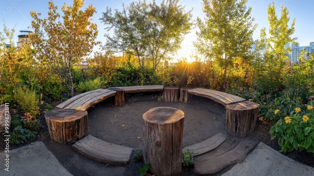 Fototapeta premium A serene seating area surrounded by greenery and flowers, perfect for relaxation or gatherings.