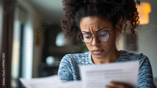 A woman looks stressed while reviewing bills and financial documents, symbolizing personal loan payment struggles and financial difficulties.