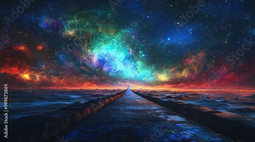 Wallpaper Mural A view of the Bifrost Bridge stretching into the horizon, its colors glowing brightly against a night sky filled with stars and the distant lights of Asgard. Torontodigital.ca