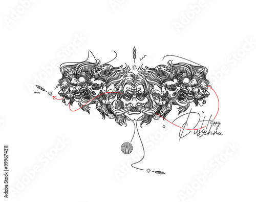 Dussehra celebration - Ravana ten heads , Hand Drawn Sketch Vector illustration.