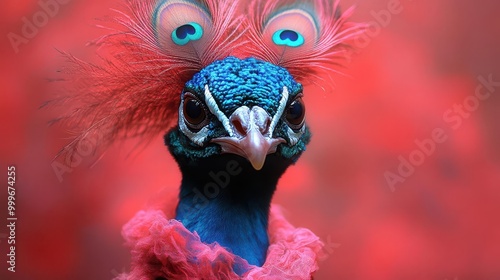 creative portrait of a peacock dressed in human clothing set against a vivid abstract background blending nature and whimsy photo