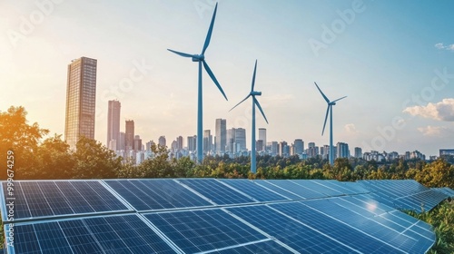 Wind turbines and solar panels in a modern city, representing renewable energy.