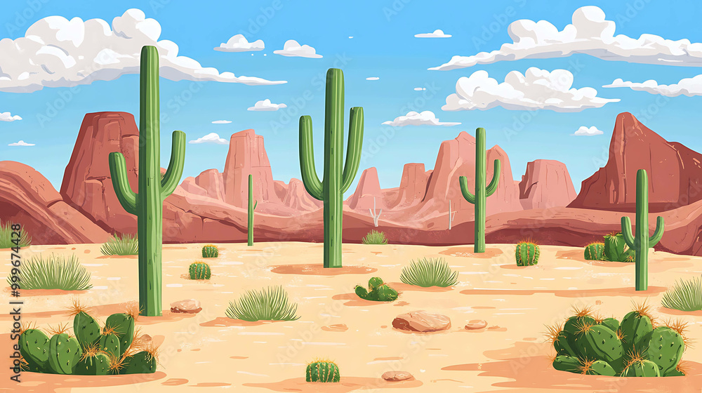 Obraz premium Cartoon desert landscape with tall cacti and red rock formations.