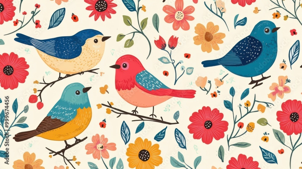 Seamless cartoon pattern of birds and flowers in bright colors