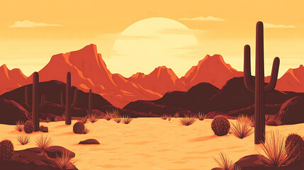 Acrylglasbilder Orange A sunset landscape with a mountain range in the distance and several cacti in the foreground.  © Elnare