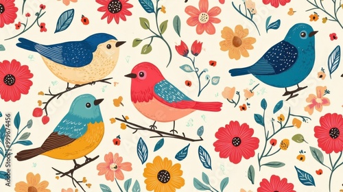 Seamless cartoon pattern of birds and flowers in bright colors