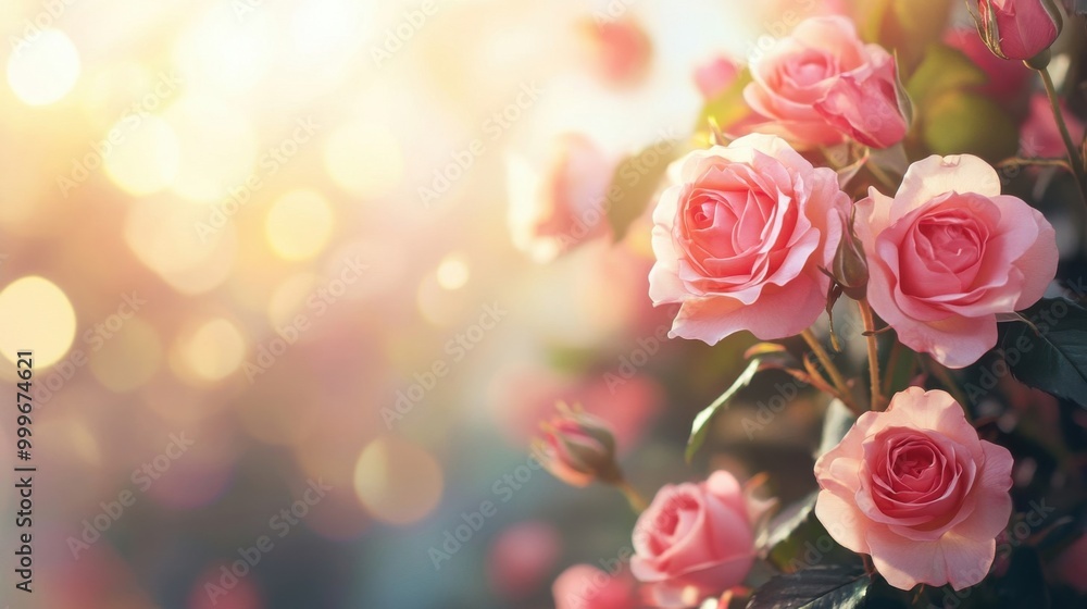 Romantic pink roses and flowers against a blur bokeh background with copy space Romantic pink roses and flowers against a blur bokeh background with copy space