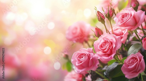 Romantic pink roses and flowers against a blur bokeh background with copy space