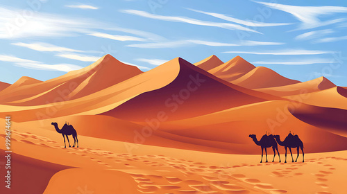 A desert landscape with camels walking in the sand dunes.