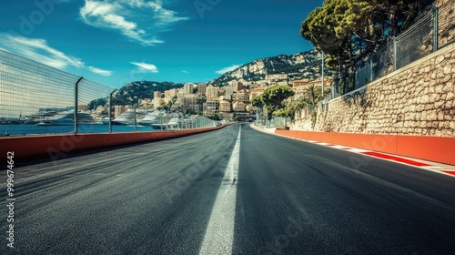 An empty Formula One track in Monaco, with the famous Monte Carlo harbor in the distance, no cars on the road.