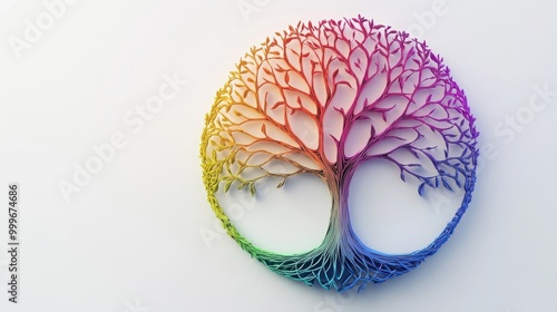 Stylized 3D tree of life in bright rainbow colors on a white background