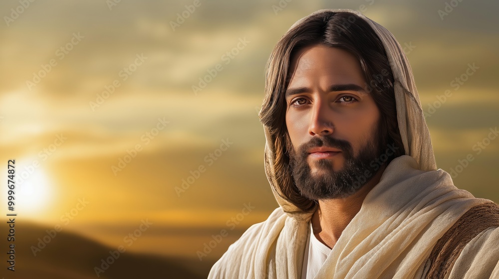A tranquil scene captures a figure with a beard and long hair, dressed in flowing garments, gazing thoughtfully towards a vibrant sunset over a calm horizon A tranquil scene captures a figure with a beard and long hair, dressed in flowing garments, gazing thoughtfully towards a vibrant sunset over a calm horizon