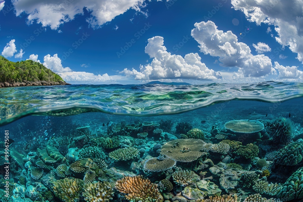 Underwater scene with coral reef and small island in the distance, suitable for use in environmental or educational content Underwater scene with coral reef and small island in the distance, suitable for use in environmental or educational content