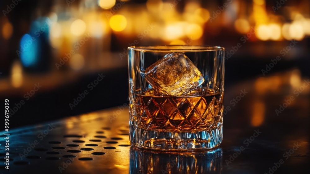 A glass of whiskey with ice, set against a blurred bar background. A glass of whiskey with ice, set against a blurred bar background.