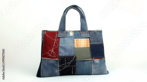 Handmade Denim Patchwork Tote Bag with Colorful Fabric Squares and Sturdy Handles