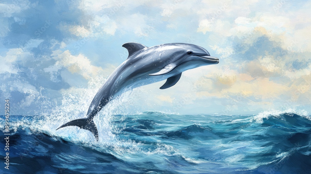 Fototapeta premium Close-up of a graceful dolphin jumping out of the water, with the ocean and sky in the background, capturing the energy and motion of the scene.
