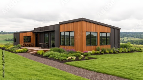 Modern home with wood siding and large windows, set on a grassy lawn with a walkway leading to the front door.