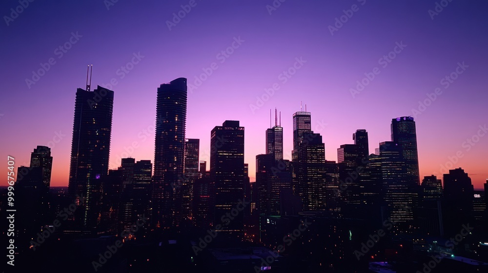A city skyline at dusk, showcasing silhouettes of buildings against a vibrant purple sky. A city skyline at dusk, showcasing silhouettes of buildings against a vibrant purple sky.