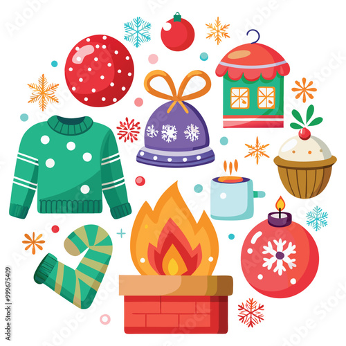 Christmas day illustration vector set of cool Christmas items, gifts, and decorations.All the icons are set against a white background.