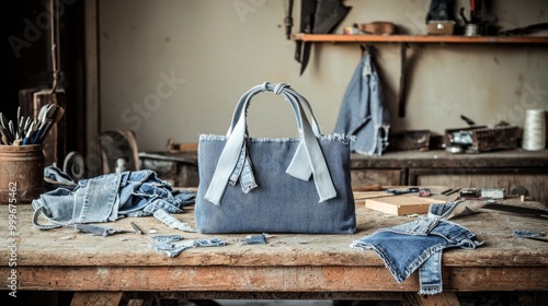 Handcrafted Denim Bag on Wooden Workbench in Artisan Workshop