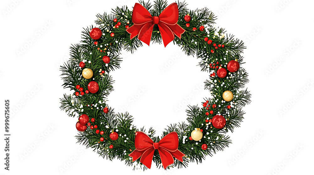 A classic Christmas wreath with red and gold ornaments, red bows, and pine branches. A classic Christmas wreath with red and gold ornaments, red bows, and pine branches.